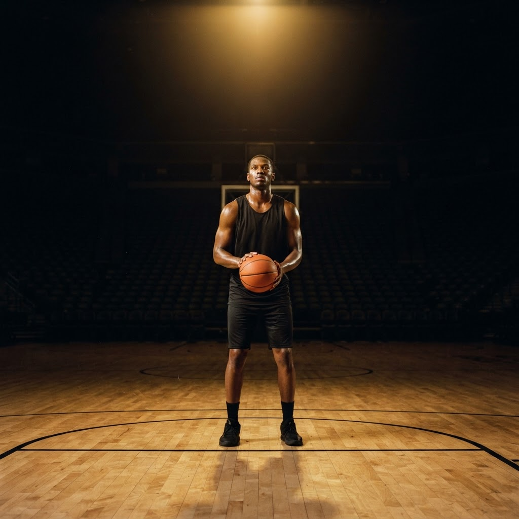 Basketball player at the free-throw line in a quiet, dramatically lit arena