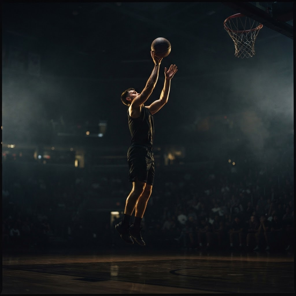 Professional basketball player rising for a jump shot in a darkened arena